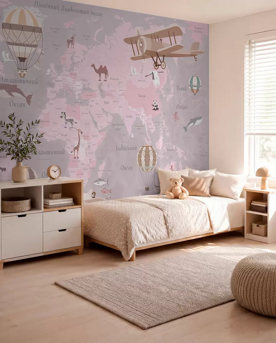 wall murals World map for children with animals, airplanes, and hot air balloons. Ukrainian language. Pink color c00003ukv3