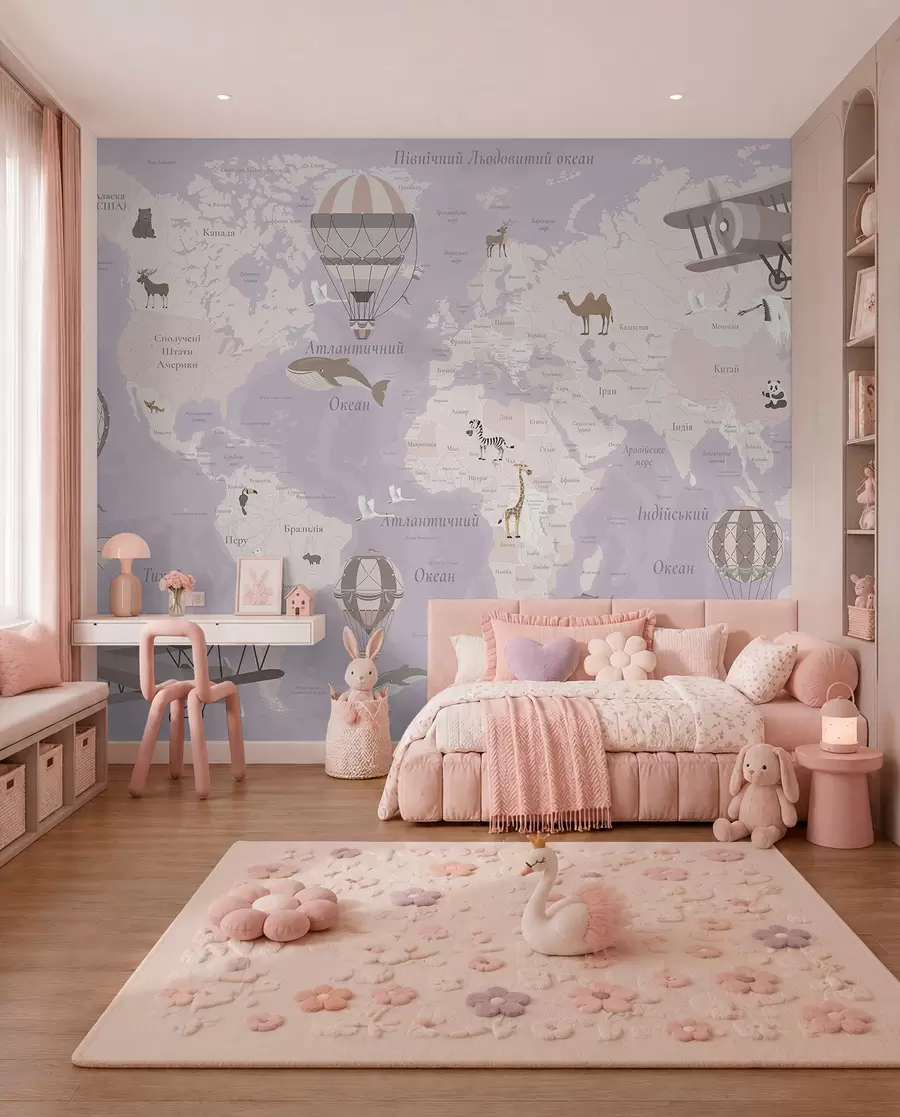 peintures murales Carte du monde pour enfants avec des animaux, des avions et des montgolfières. En ukrainien. Couleur violette. c00003ukv4