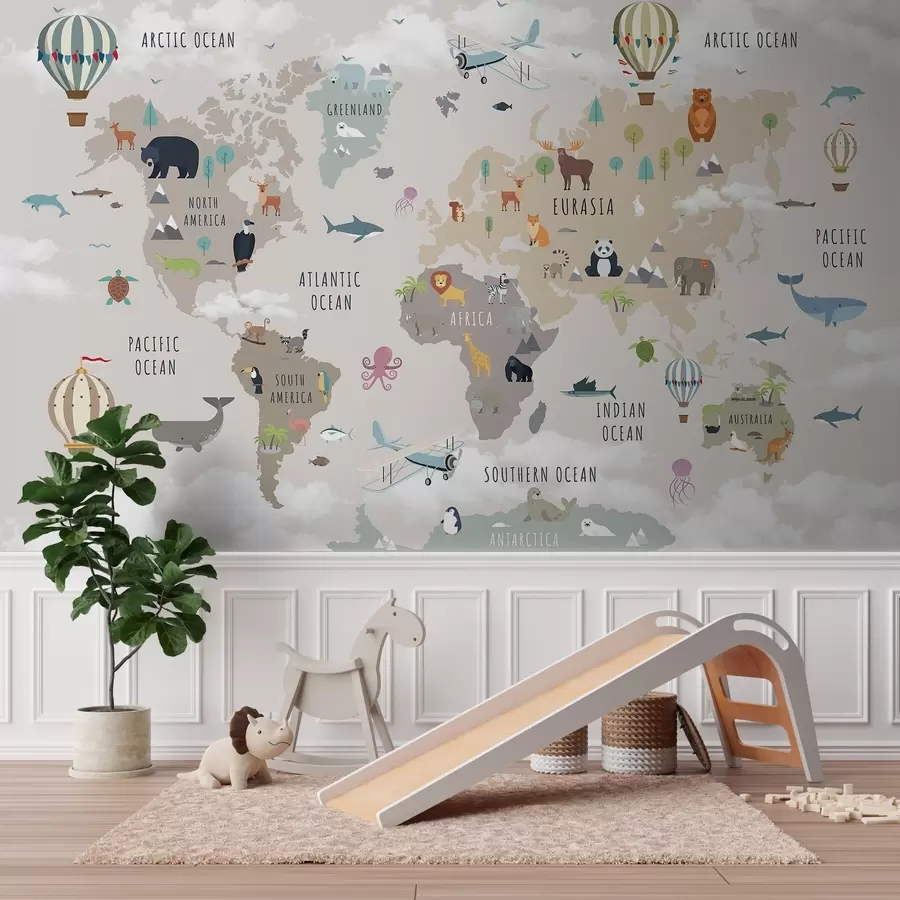 Wall Mural Photo Wallpaper Children's world map with animals and hot air balloons. English language c00002en