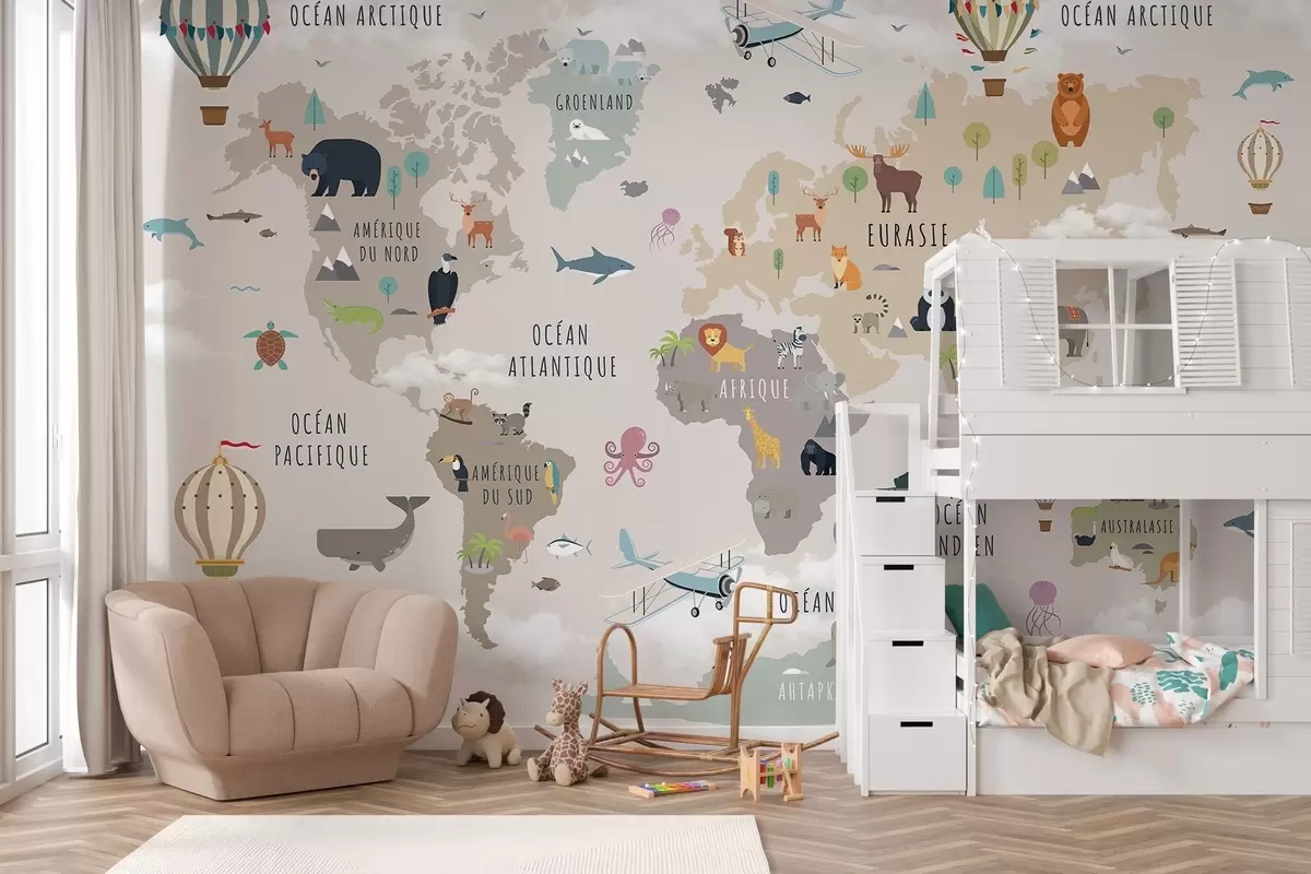 murales Mapa del mundo infantil con animales y globos aerostáticos. Idioma francés. c00002fr