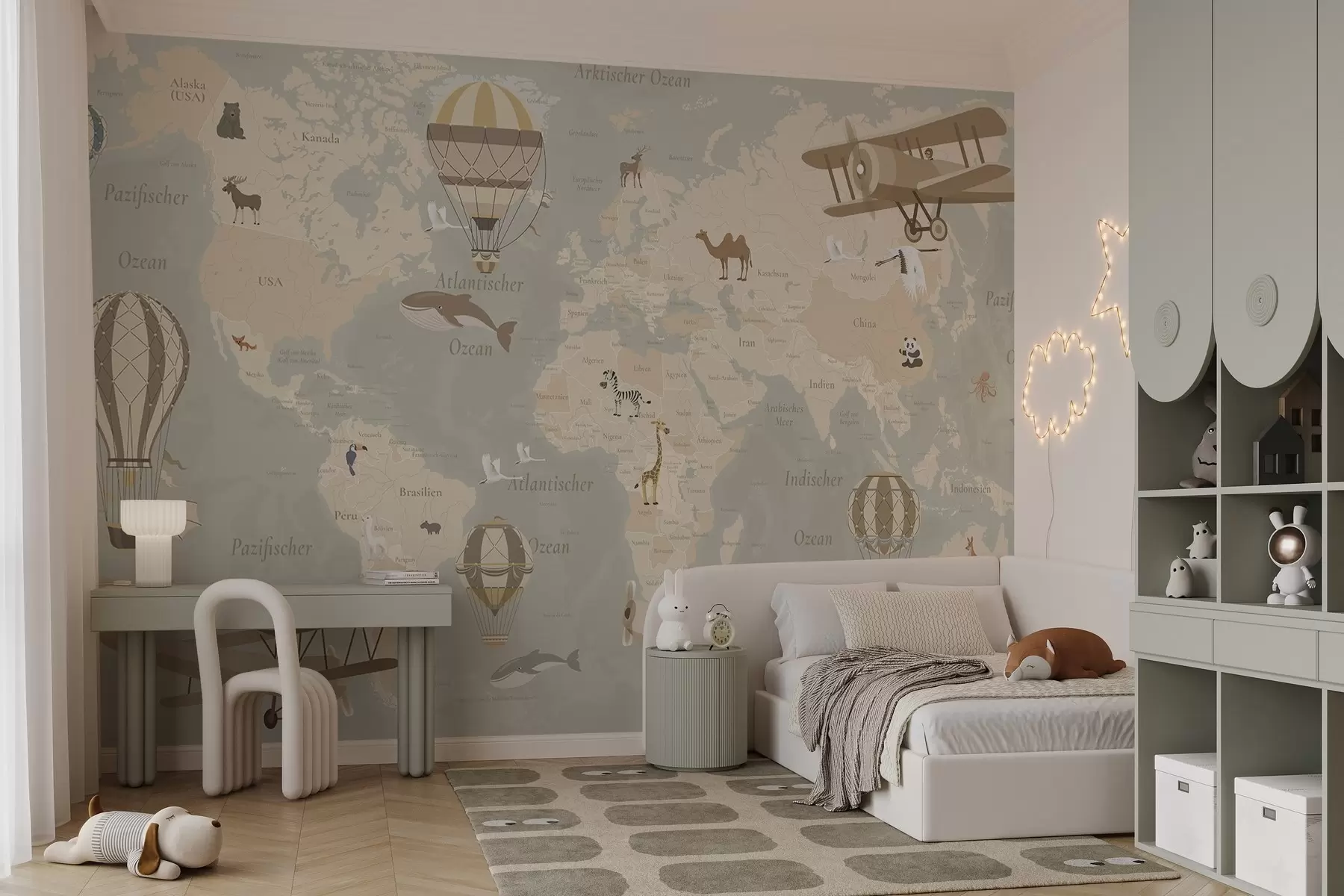 Wall Mural Photo Wallpaper Children's world map with animals, airplanes, and hot air balloons. German language. Beige color c00003de