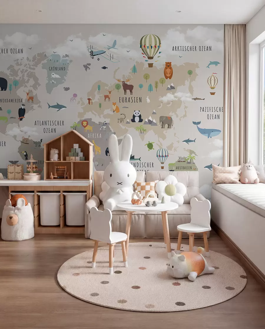 peintures murales Carte du monde pour enfants avec des animaux et des montgolfières. En allemand. c00002de