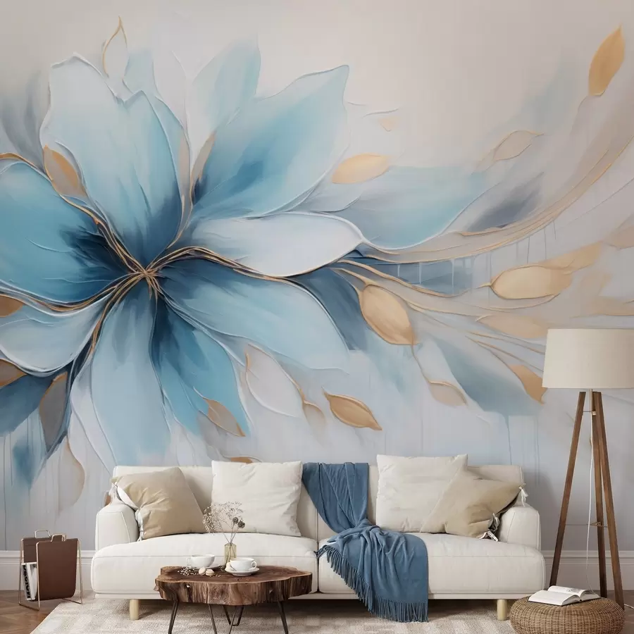 peintures murales Fleur bleue abstraite symbolisant le calme, avec des feuilles w09500