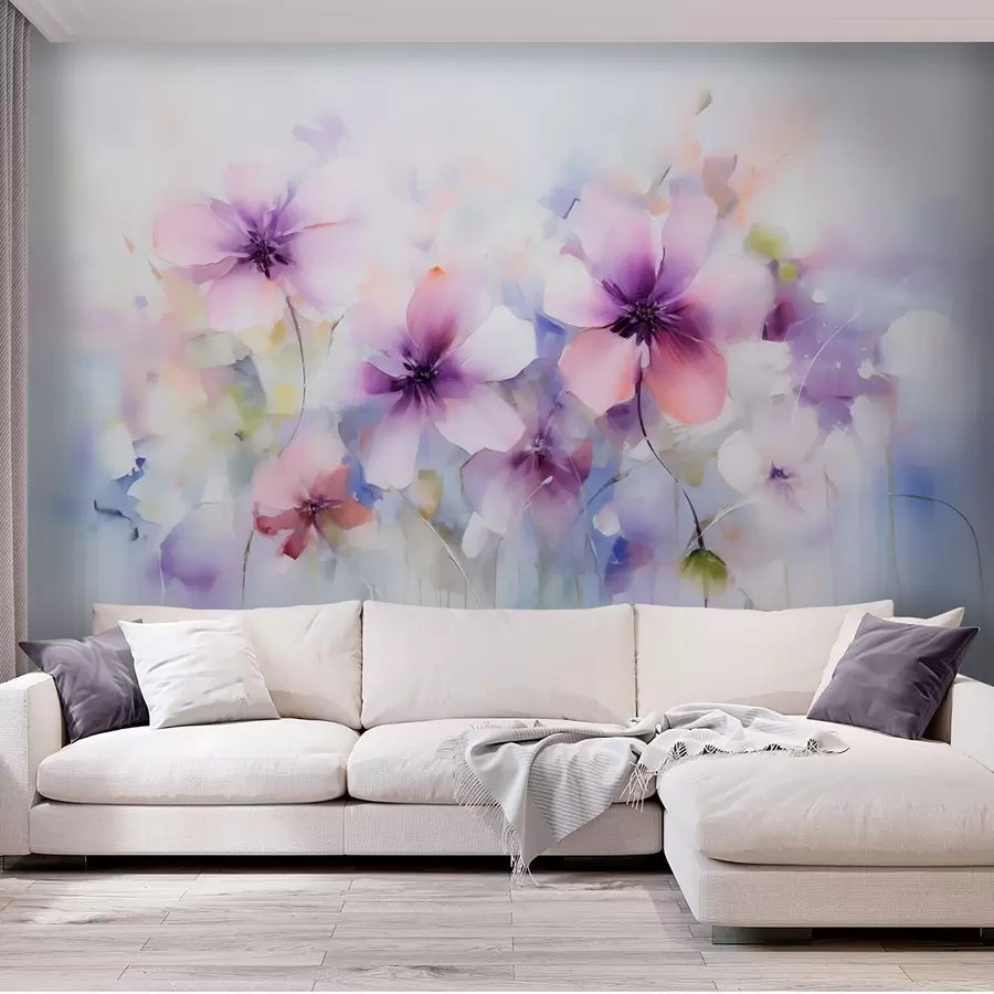 peintures murales Fleurs printanières aquarellées dans des tons roses et violets w09502