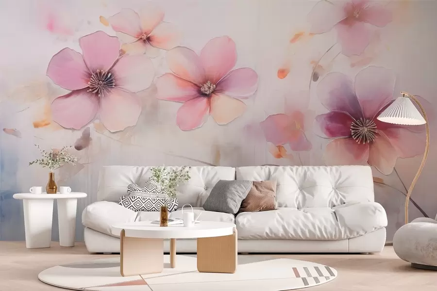 peintures murales Branche avec fleurs roses dans un style aquarelle w09522