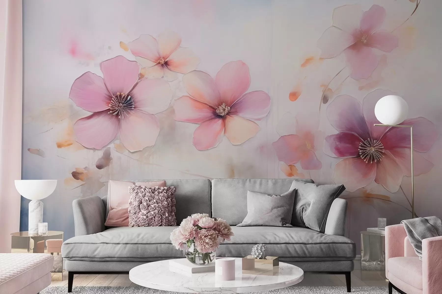 wall murals Branch with pink flowers in watercolor style w09522