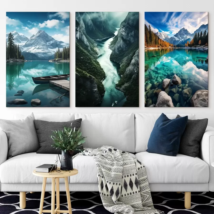 wall murals Alpine lakes and fjord views in cool teal tones m00961