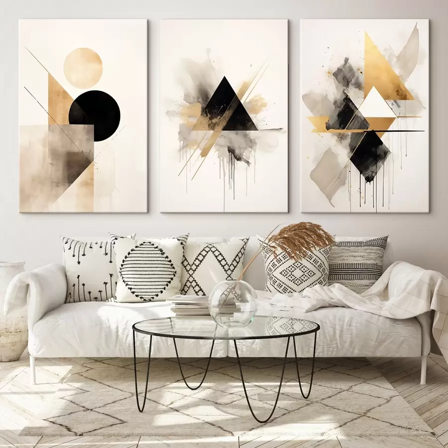 wall murals Geometric triangles with ink splashes, black and ochre m00963