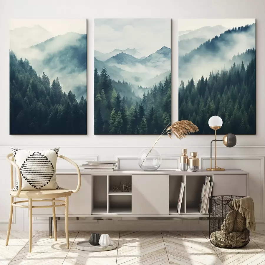 wall murals Misty pine mountains layered in soft greens and blues m00964