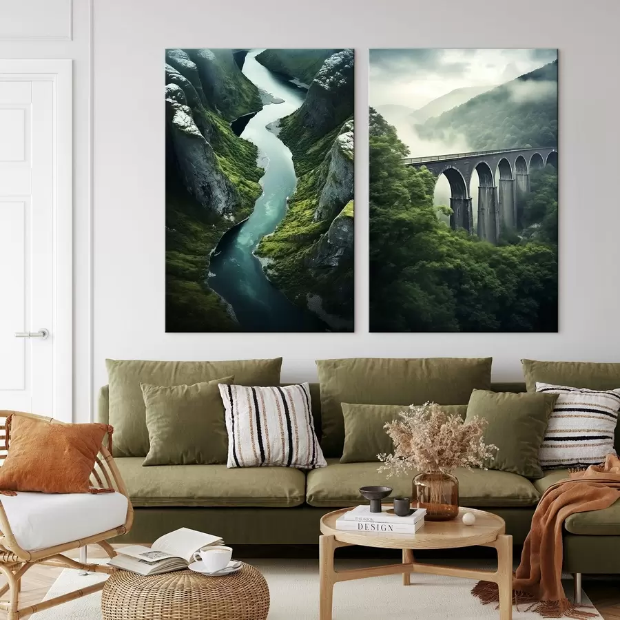 murales Cañón fluvial aéreo y viaducto brumoso entre verdes colinas m00967