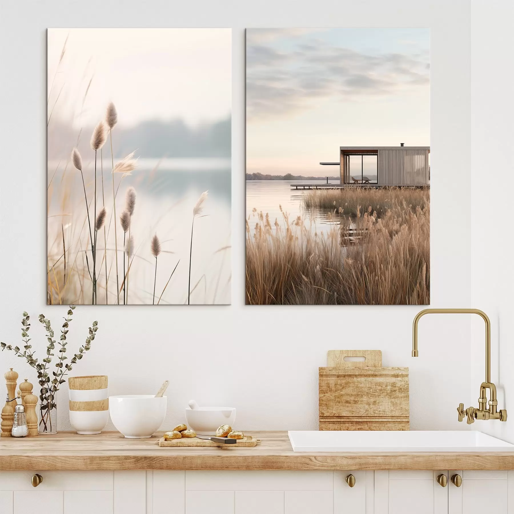 wall murals Soft reeds by a calm lake and modern cabin on shore m00970