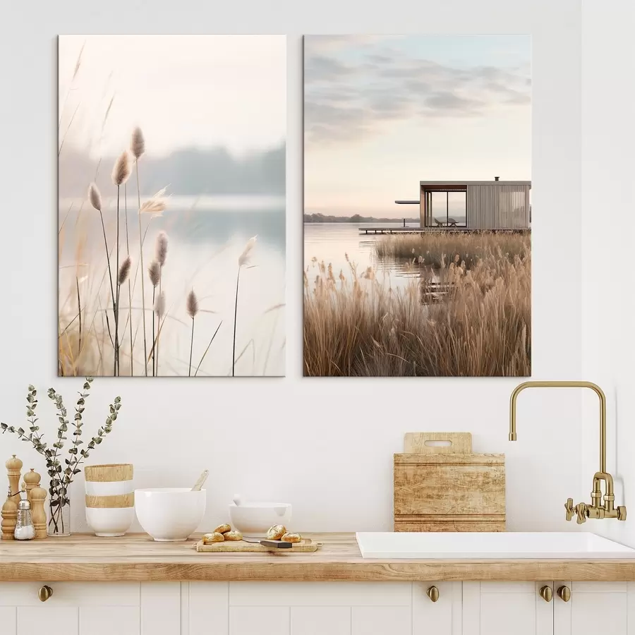 murales Cañas suaves junto a un lago tranquilo y una cabaña moderna en la orilla m00970