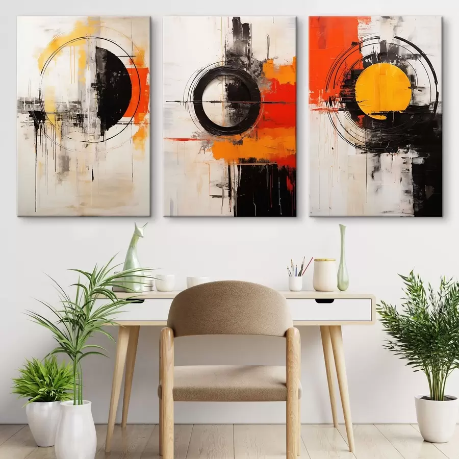 wall murals Textured circles and bold strokes in black, ochre, orange m00974