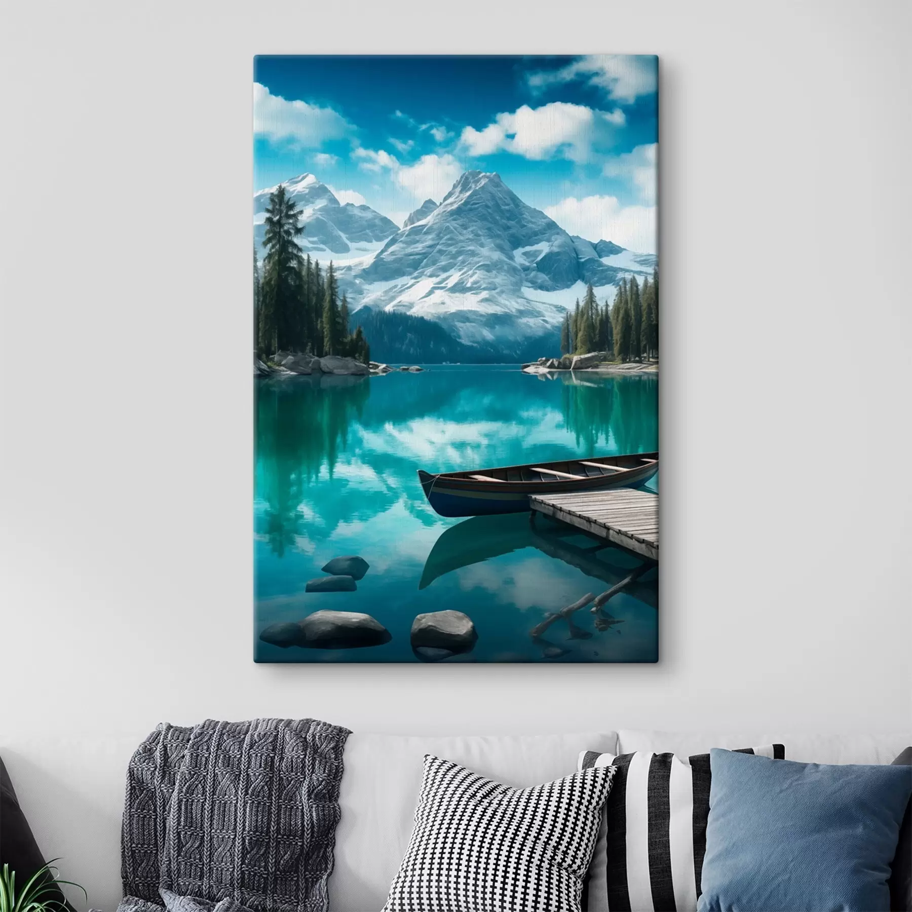 wall murals Alpine lake with canoe and snowy peaks s46481