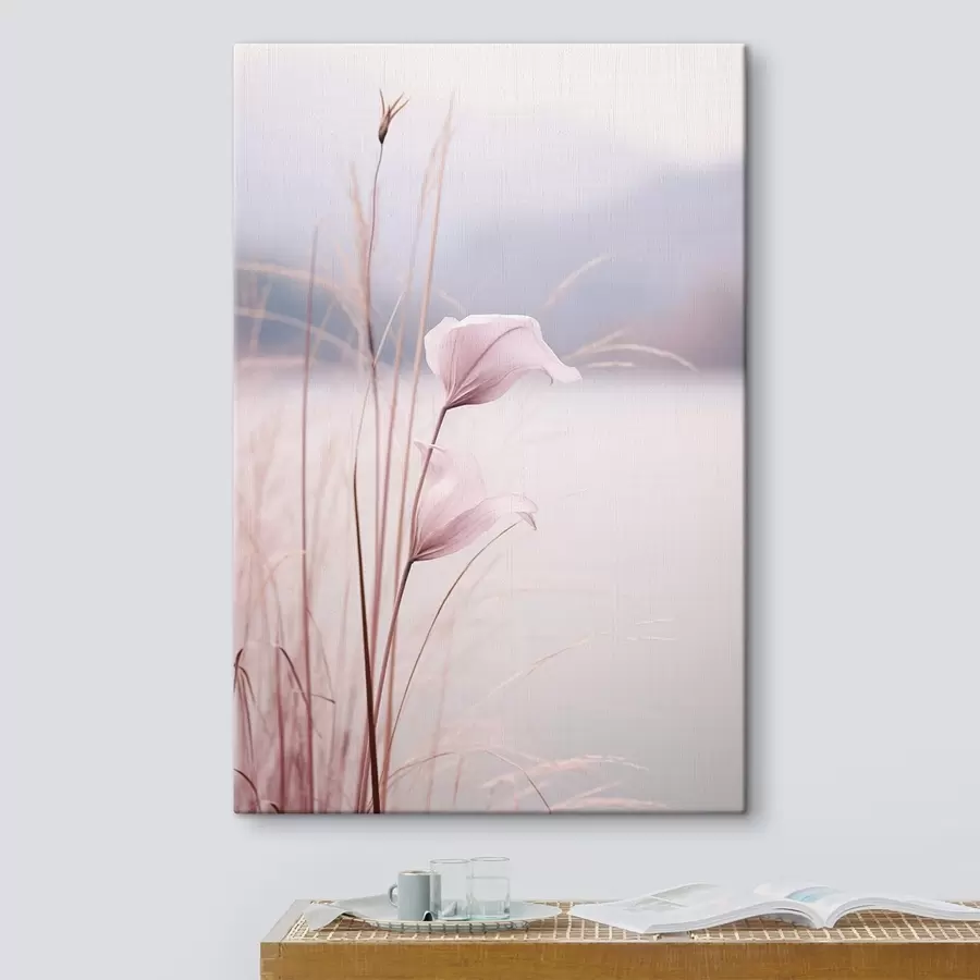 wall murals Delicate pink blooms by tranquil lakeside s46503