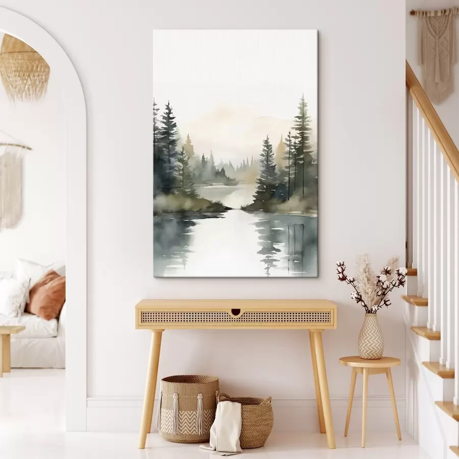 wall murals Misty conifer forest over calm river, watercolor style s46507