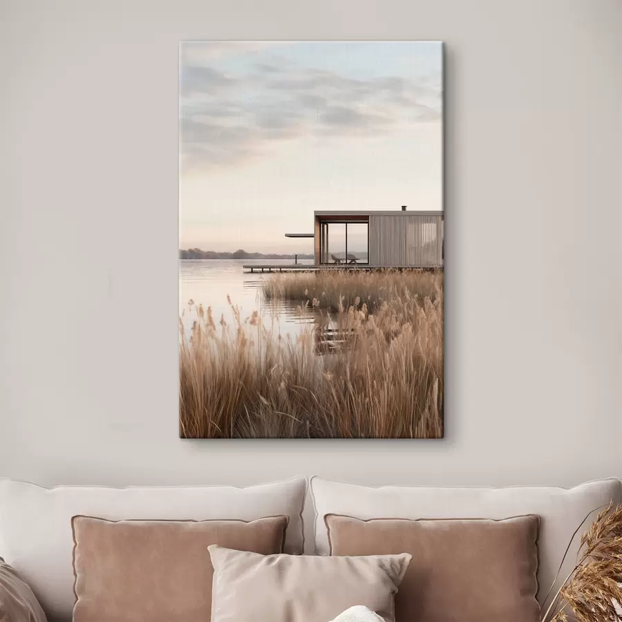 wall murals Modern lakeside cabin among reeds at soft dusk s46513
