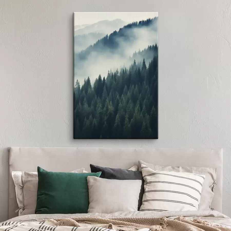 wall murals Fog over coniferous slopes, deep green tones s46516