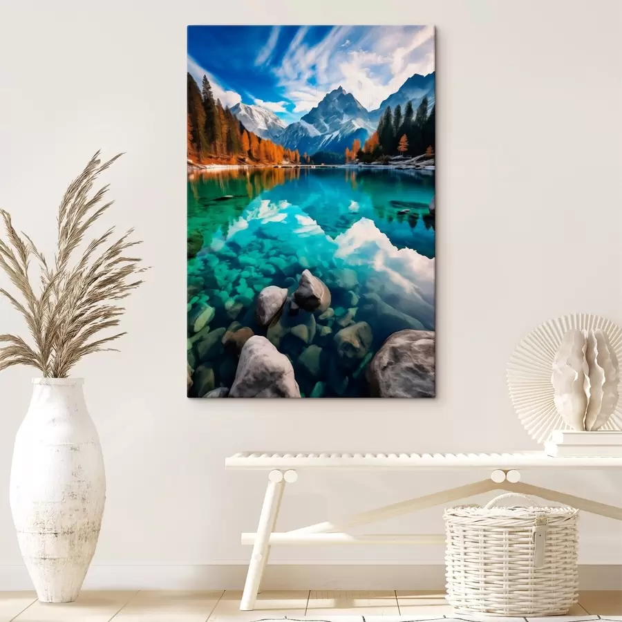 wall murals Mountain lake with turquoise water and autumn larches s46517