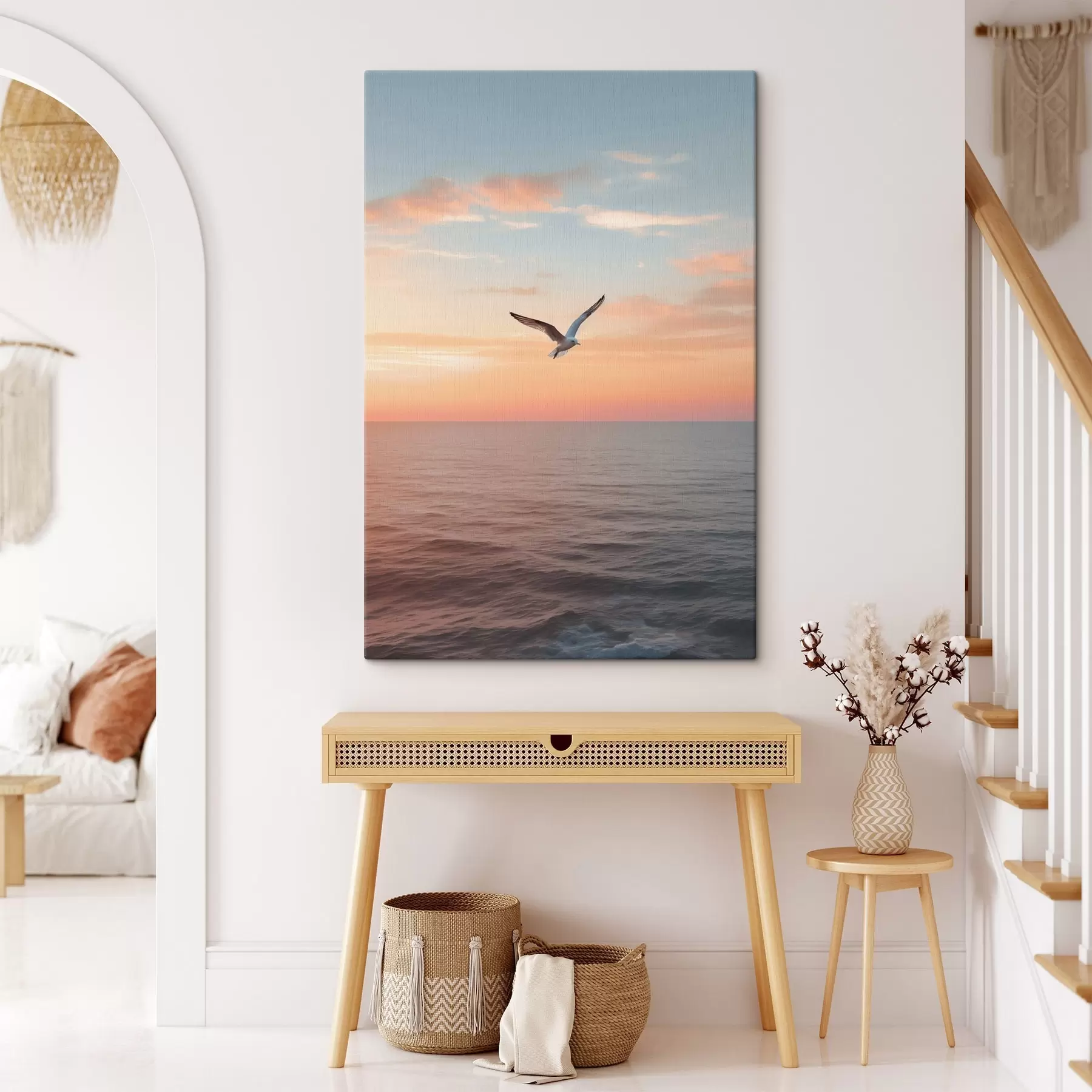 murales Gaviota sobre el mar en una puesta de sol rosa-melocotón s46520