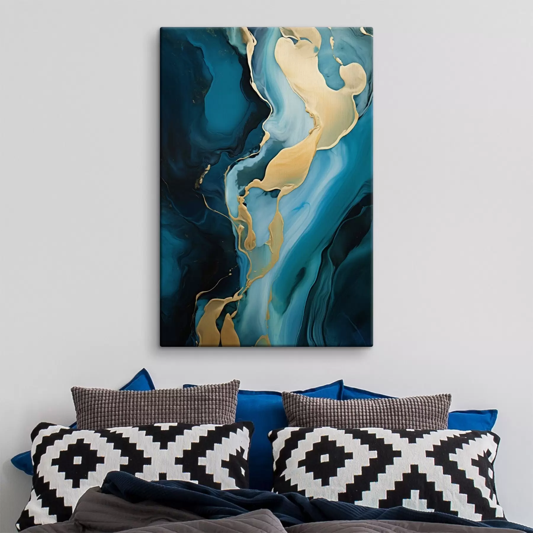 wall murals Teal-blue abstract with a stream of ochre s46530