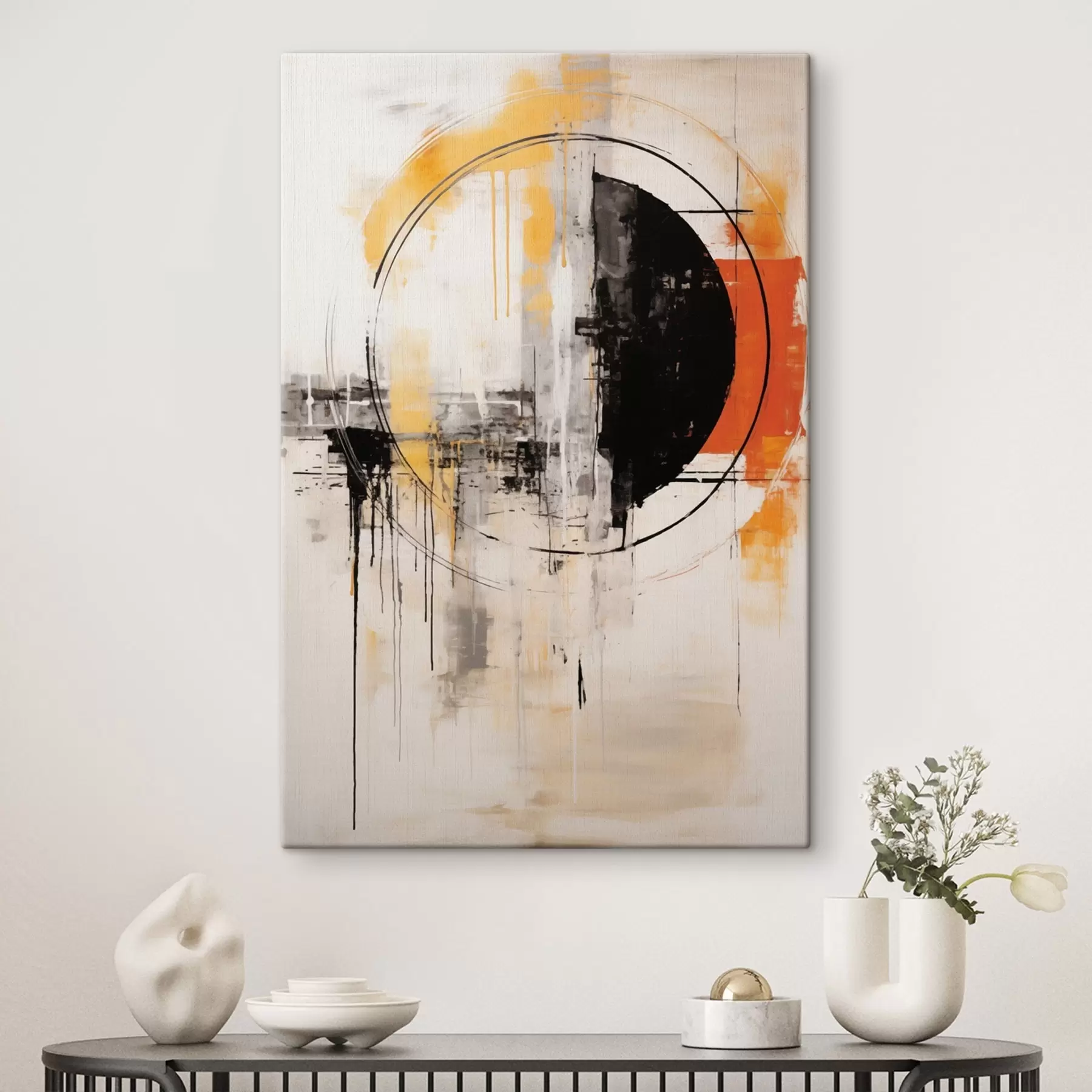 wall murals Monochrome-orange circle with textured drips s46536