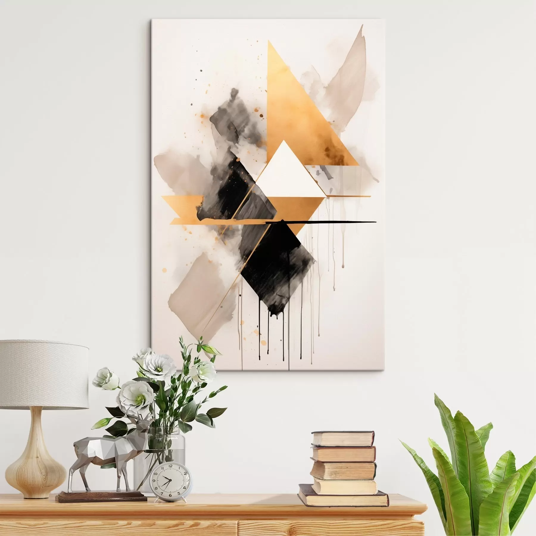 wall murals Geometry with triangles and a black rhombus, beige strokes s46539