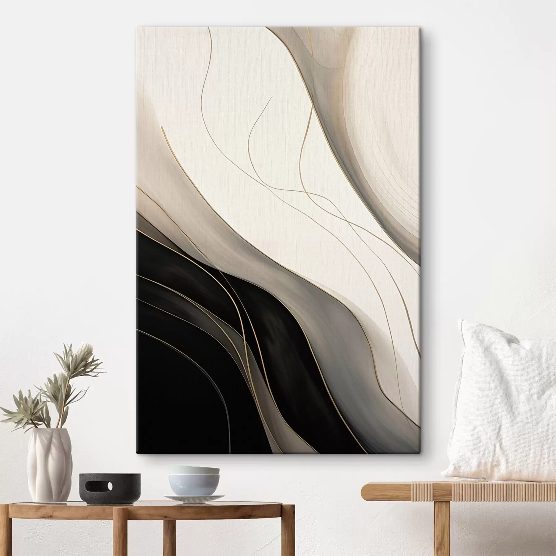 murales Ondas en negro y beige con finas líneas ocres s46541
