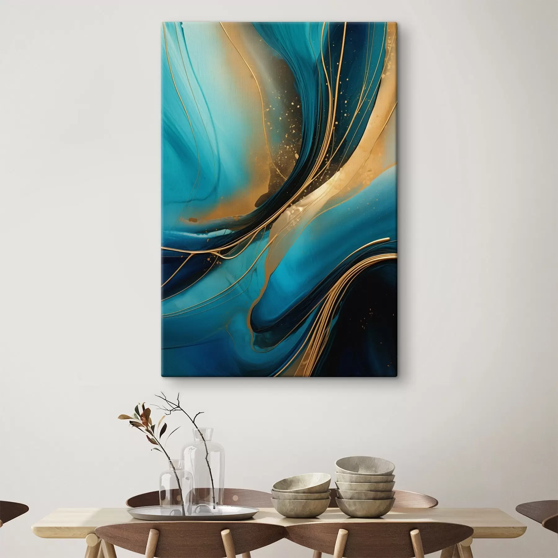 wall murals Turquoise flow with thin ochre threads s46543