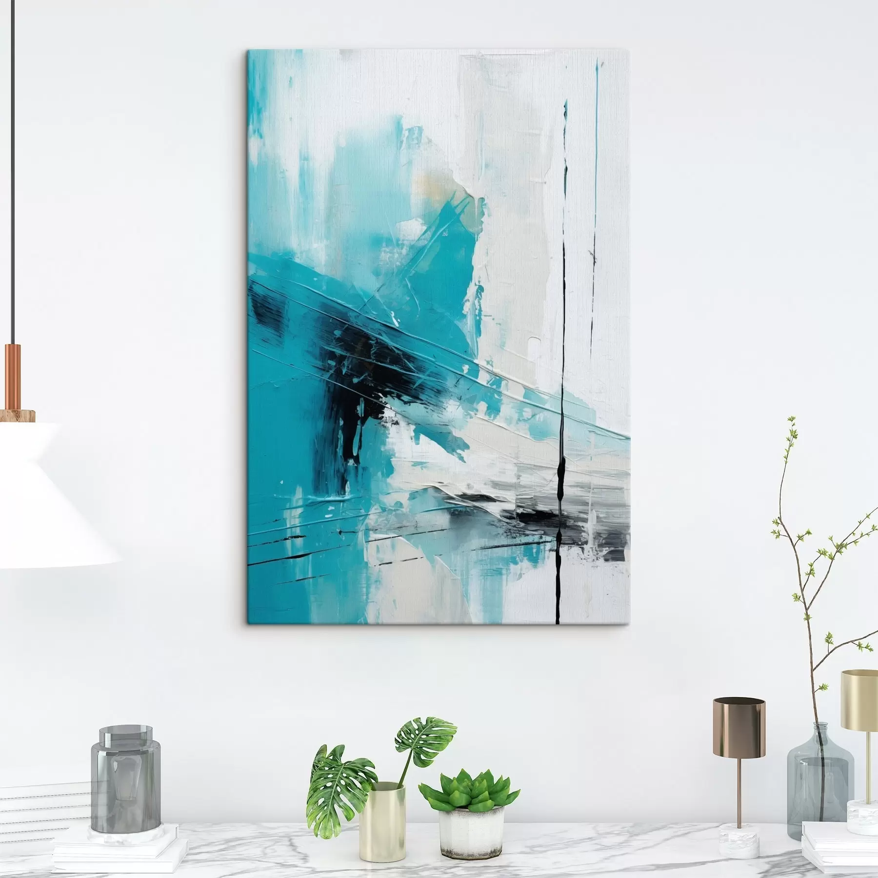 wall murals Turquoise strokes on white with a black dash s46545