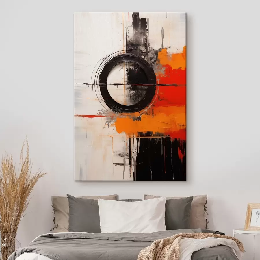 murales Círculo negro sobre fondo blanco, trazos y salpicaduras naranjas s46549