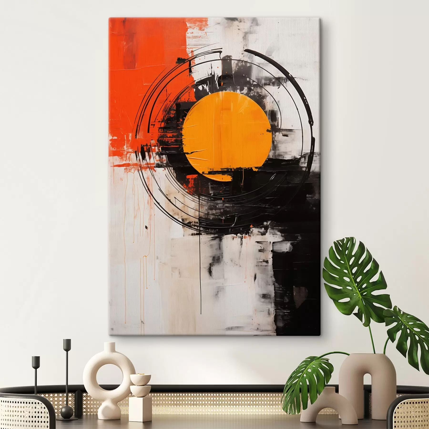 wall murals Orange disc within a black ring, strokes and splashes s46550