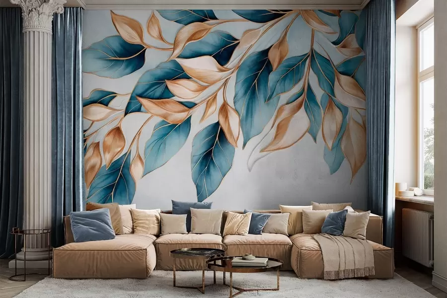 Wall Mural Photo Wallpaper Textured blue and orange leaves, light blue background, elegant and artistic manner design, modern style w09429