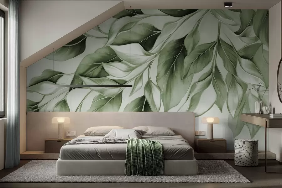 wall murals Textured muted green leaves, light background, elegant and artistic manner design, modern style w09429v1