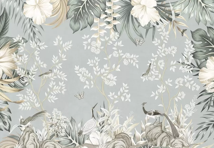 murales Arte tropical en tonos pastel con textura, con pájaros, mariposas, flores de hibisco, hojas de palmera y árboles sobre un fondo azul claro w09528