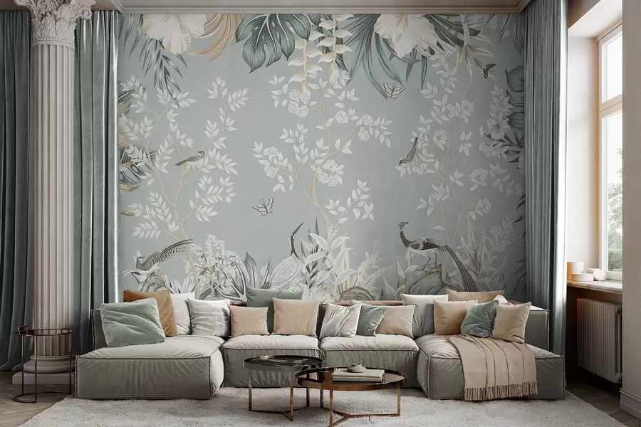 wall murals Tropical textured pastel art with birds, butterflies, hibiscus flowers, palm leaves and trees in a light blue background w09528