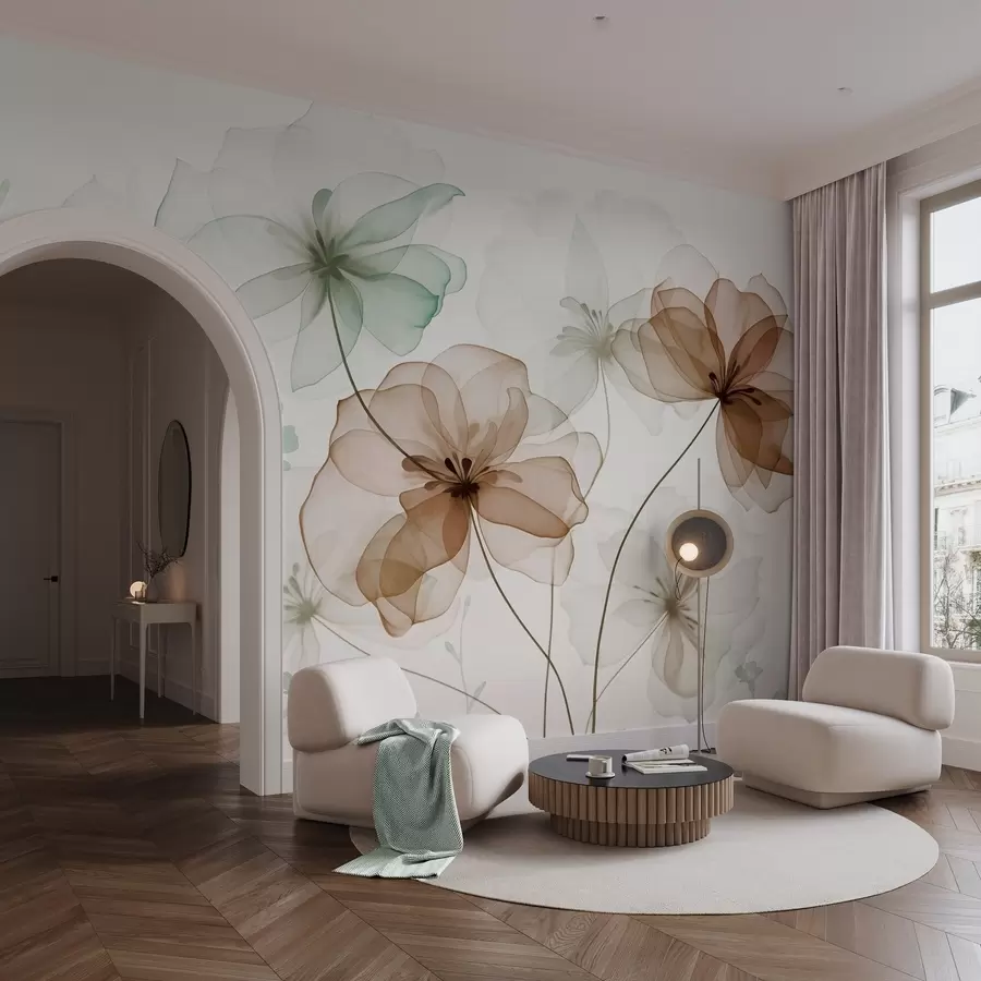 peintures murales Fleurs translucides aux pétales bruns et verts, longues tiges, fond clair, couleurs douces, motif floral texturé w09529