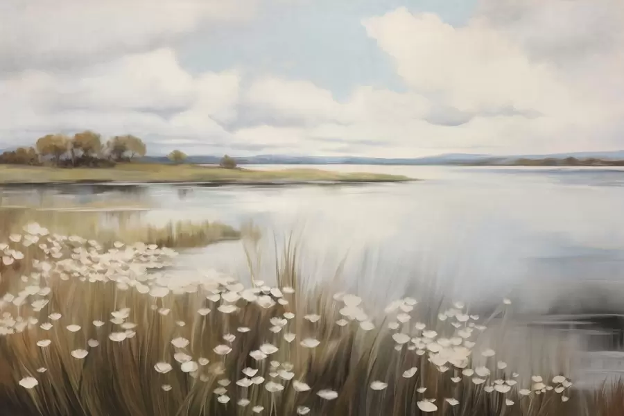 Wall Mural Photo Wallpaper Textured landscape, field of white flowers and tall grass, a lake in the background, a grassy hill with trees, soft colors w09530