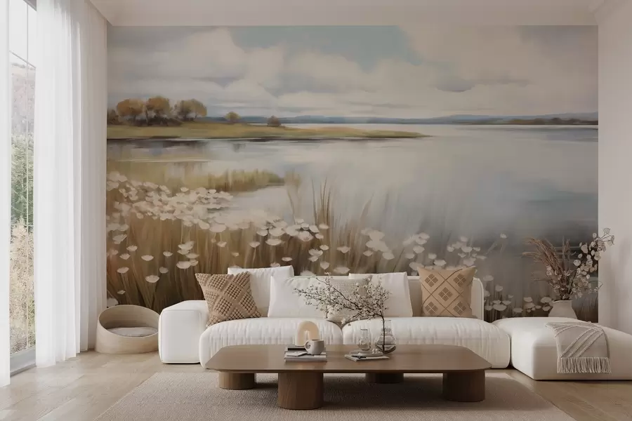peintures murales Paysage texturé, champ de fleurs blanches et d'herbes hautes, lac en arrière-plan, colline herbeuse avec des arbres, couleurs douces w09530