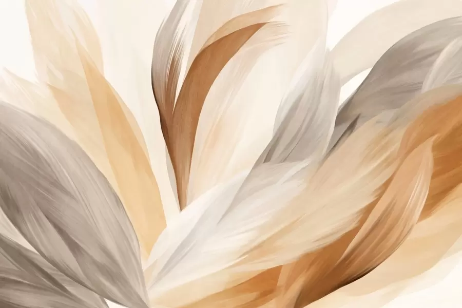 wall murals Abstract textured feathers in brown, white, and gray and various shades, overlapping on a white background w09531