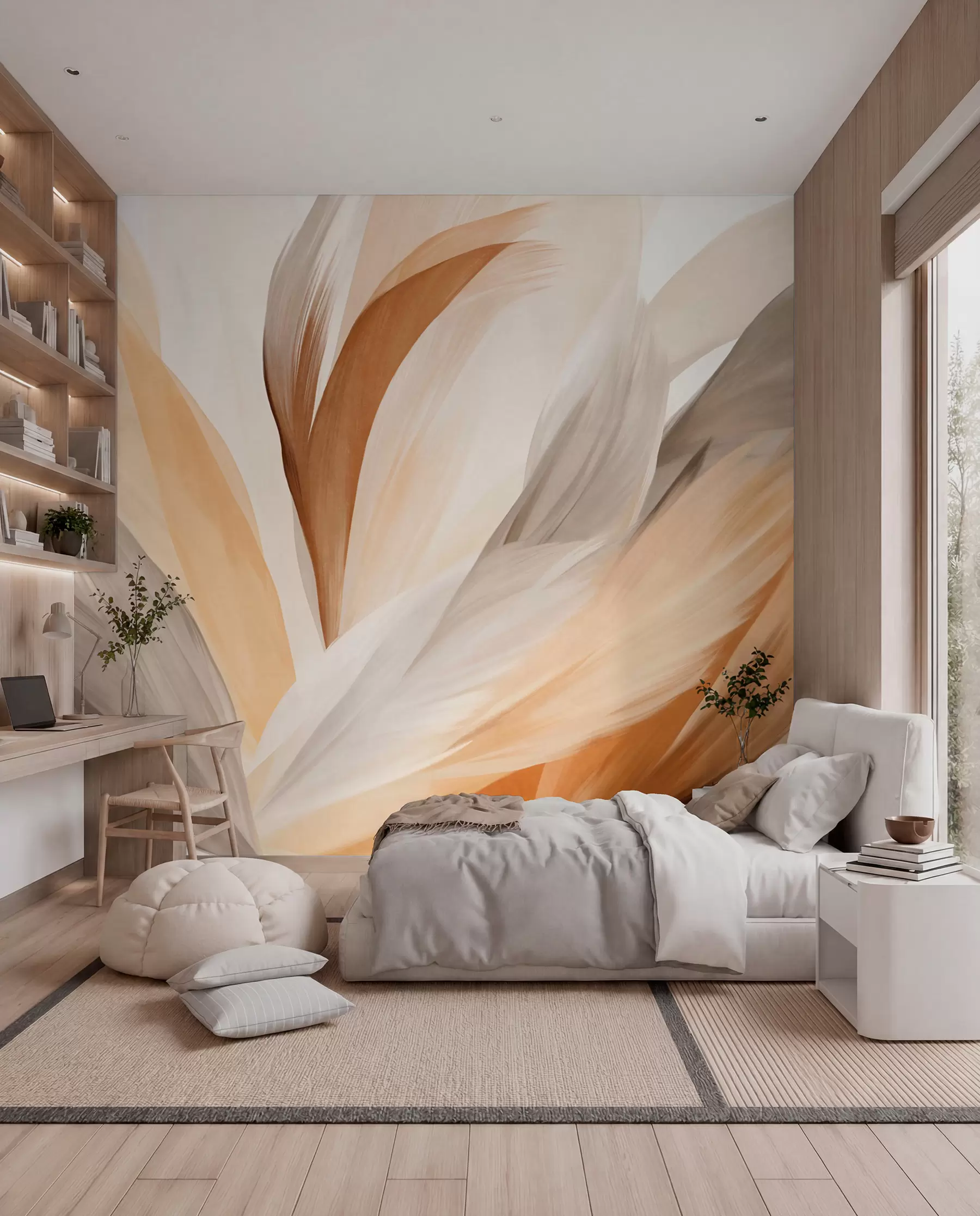 peintures murales Plumes abstraites texturées dans des tons bruns, blancs et gris et diverses nuances, se superposant sur un fond blanc w09531