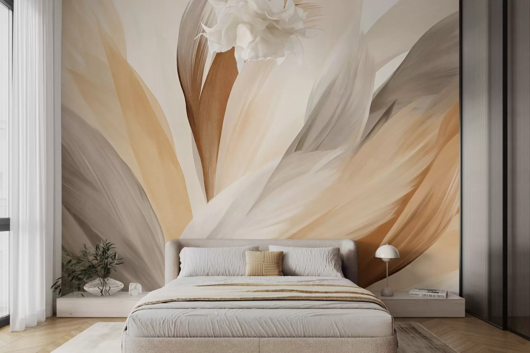 murales Plumas abstractas con textura en marrón, blanco y gris y varios tonos, superpuestas sobre un fondo blanco w09531