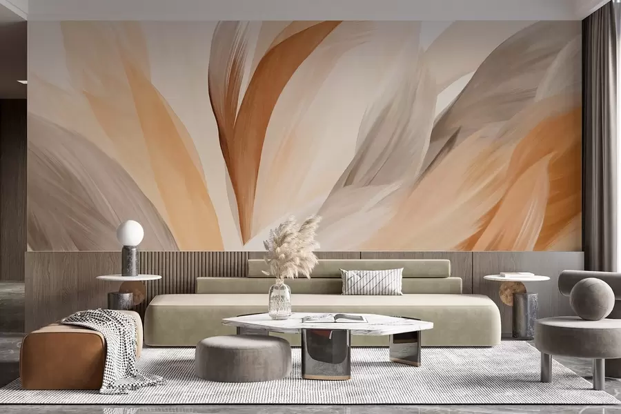 Wall Mural Photo Wallpaper Abstract textured feathers in brown, white, and gray and various shades, overlapping on a white background w09531