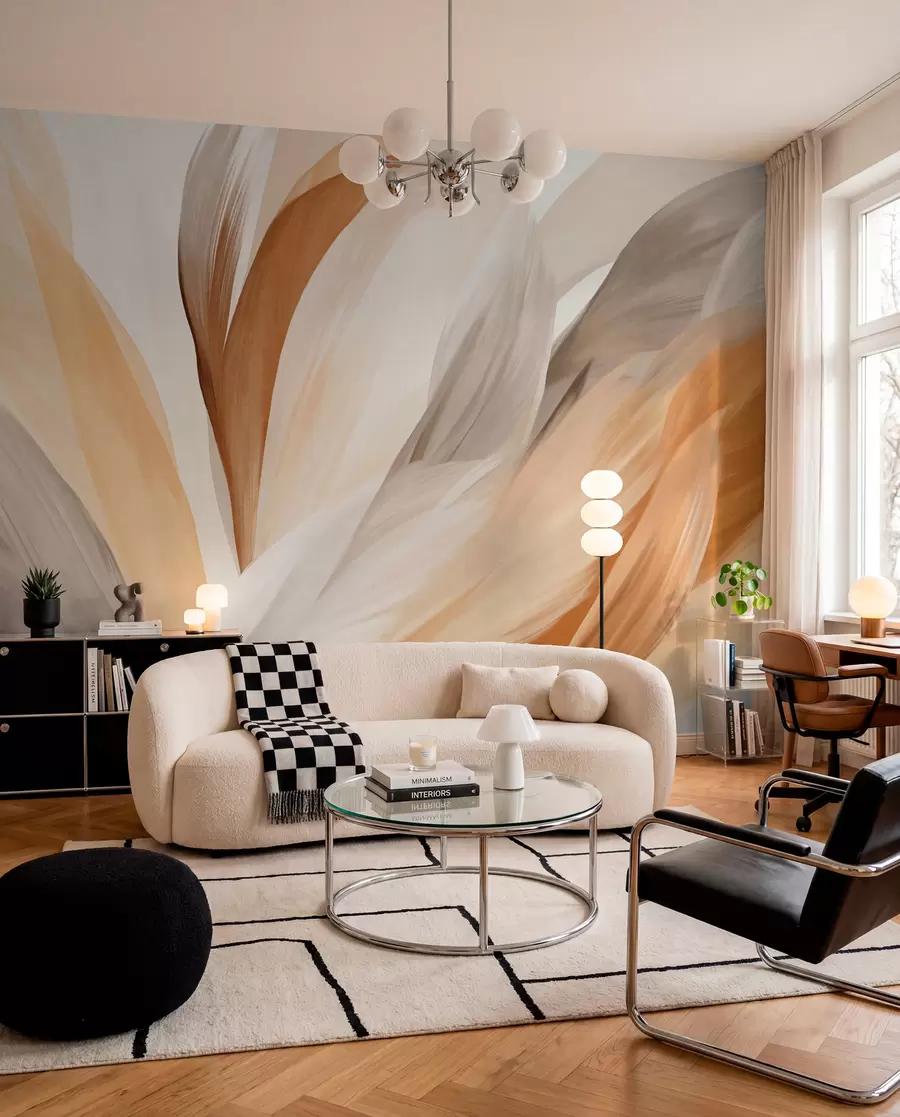 wall murals Abstract textured feathers in brown, white, and gray and various shades, overlapping on a white background w09531