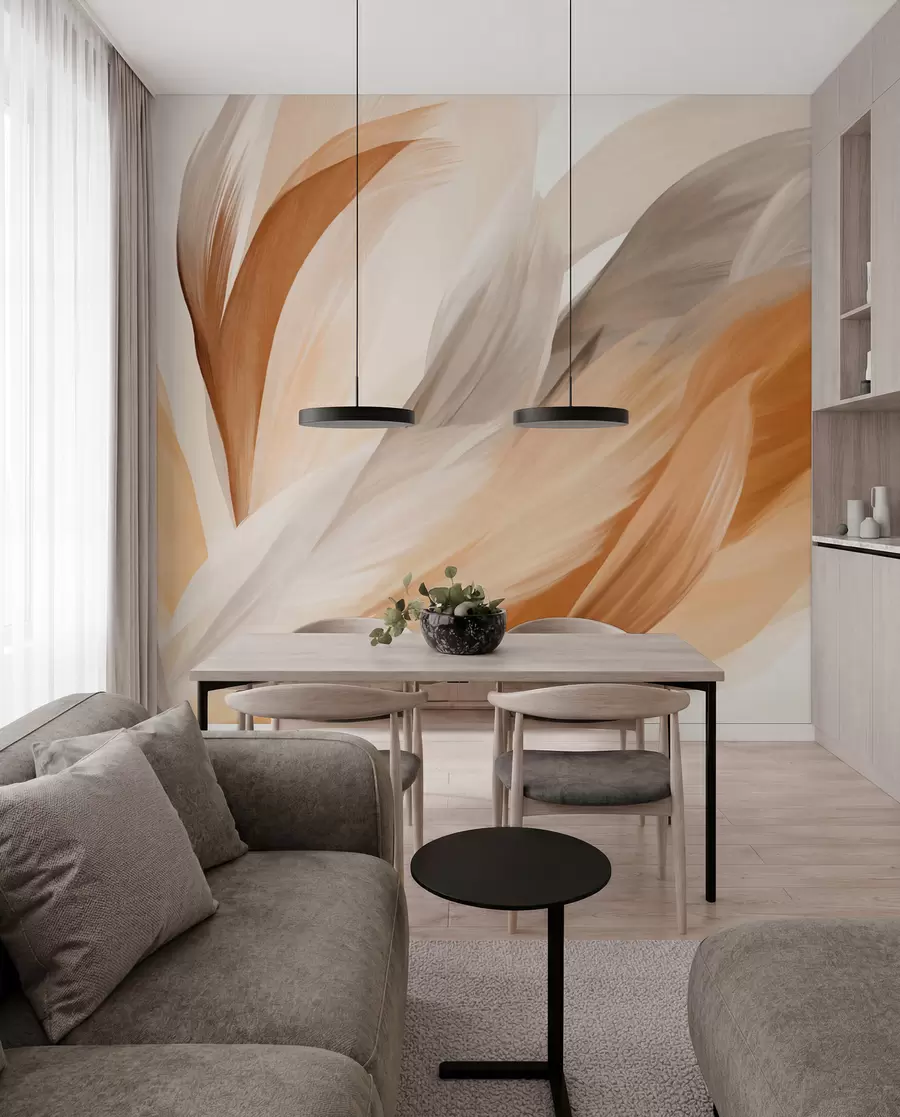 wall murals Abstract textured feathers in brown, white, and gray and various shades, overlapping on a white background w09531