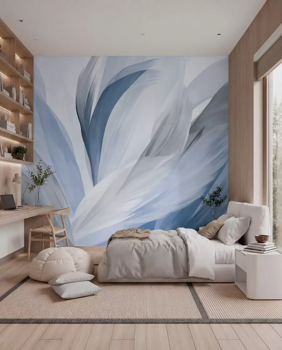 wall murals Abstract textured feathers in blue, white, and gray and various shades, overlapping on a white background w09531v1