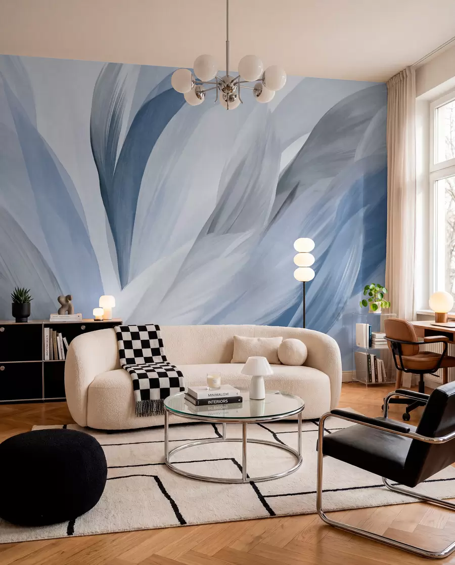 wall murals Abstract textured feathers in blue, white, and gray and various shades, overlapping on a white background w09531v1