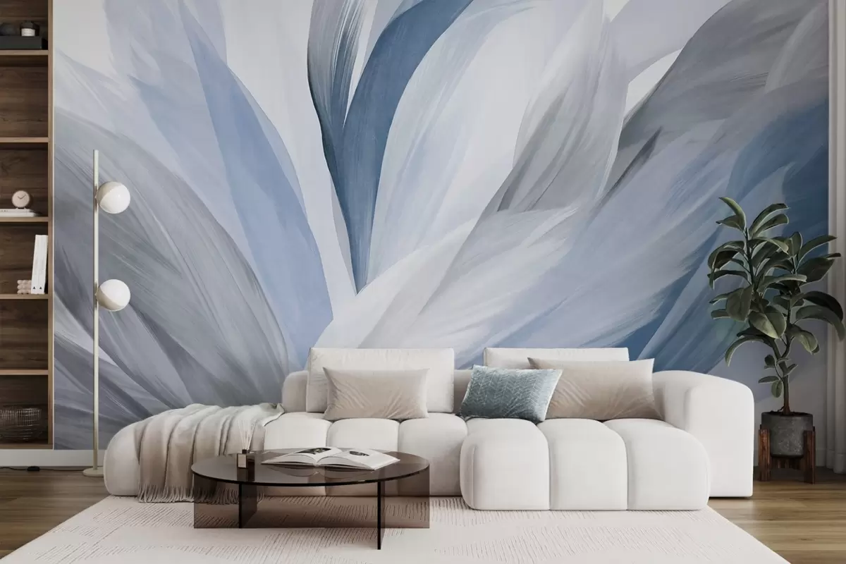 Wall Mural Photo Wallpaper Abstract textured feathers in blue, white, and gray and various shades, overlapping on a white background w09531v1