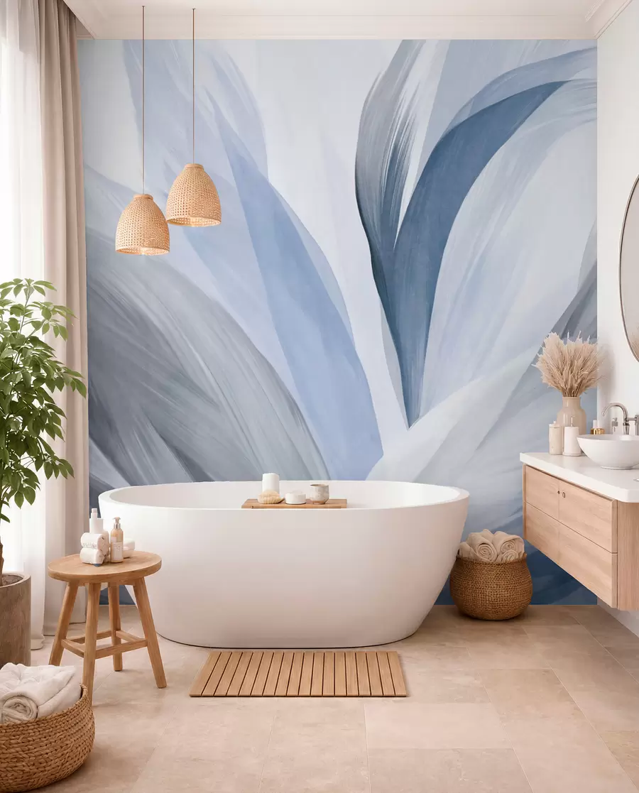 Wall Mural Photo Wallpaper Abstract textured feathers in blue, white, and gray and various shades, overlapping on a white background w09531v1