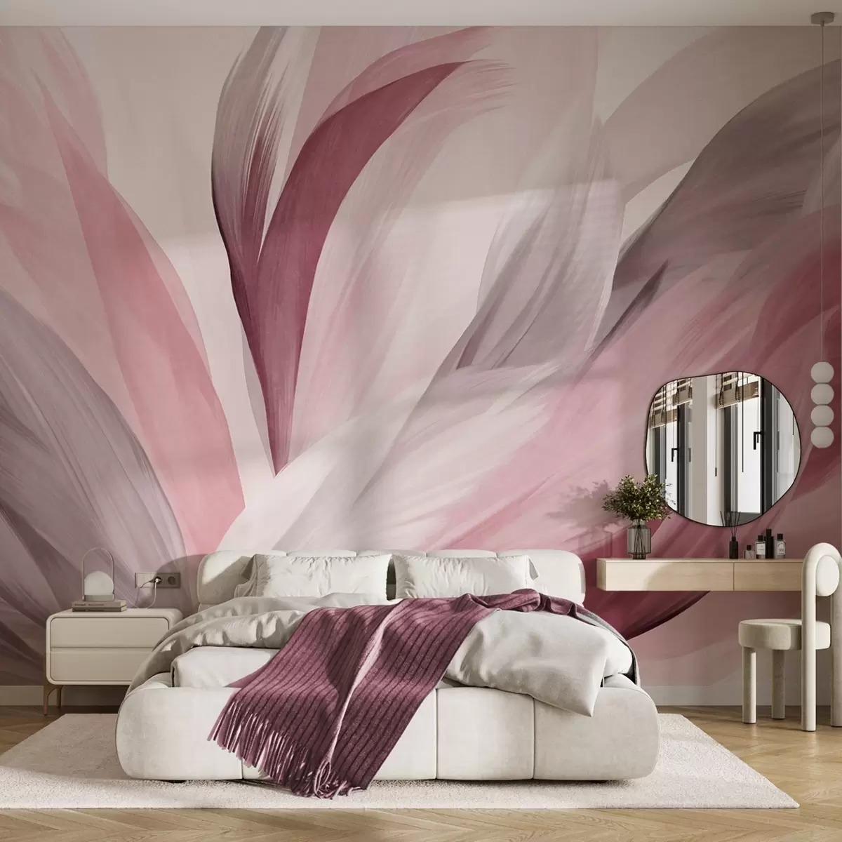 Wall Mural Photo Wallpaper Abstract textured feathers in pink, white, and gray and various shades, overlapping on a white background w09531v2